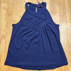 Cable & Gauge Blue Embellished Pleated Tank Top